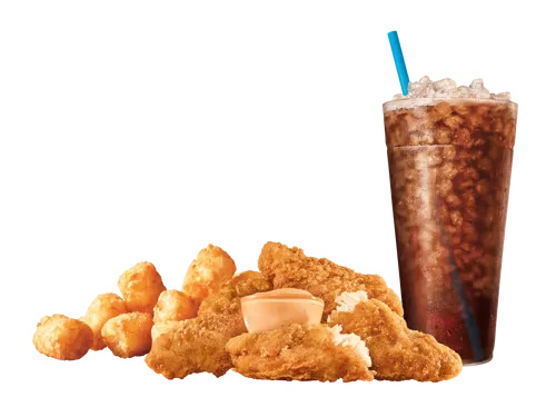 Sonic Menu Prices, Calories & Updated Deals 2026 19 3 Piece Crispy Tenders Combo featuring three golden, crispy chicken tenders served with fries and a soft drink.