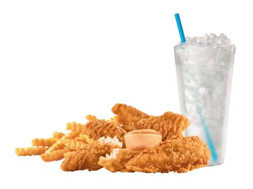 Sonic Menu Prices, Calories & Updated Deals 2026 20 5 Piece Crispy Tenders Combo with five crispy, golden chicken tenders served alongside fries and a soft drink.