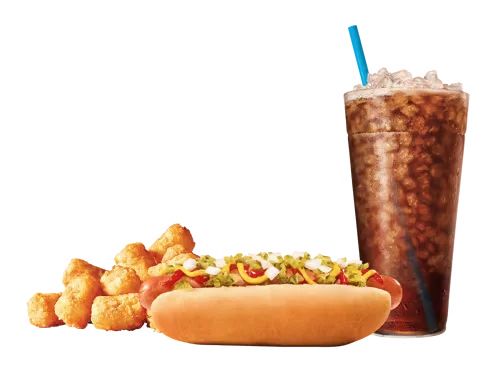 Sonic Menu Prices, Calories & Updated Deals 2026 16 All-American Hot Dog Combo with an all-beef hot dog topped with ketchup, mustard, relish, and chopped onions in a warm bun, served with crispy fries and a soft drink.