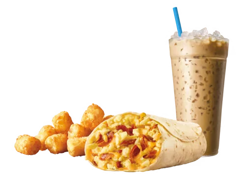 Sonic Menu Prices, Calories & Updated Deals 2026 24 Bacon Breakfast Burrito Combo with a warm flour tortilla filled with crispy bacon, scrambled eggs, melted cheese, and seasoned potatoes, served with hash browns and a soft drink.