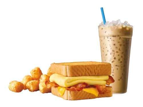 Sonic Menu Prices, Calories & Updated Deals 2026 26 Bacon Breakfast TOASTER® Combo featuring crispy bacon, fluffy eggs, and melted cheese stacked between thick slices of Texas toast, served with hash browns and a soft drink.