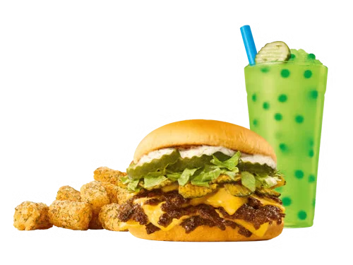 Sonic Menu Prices, Calories & Updated Deals 2026 30 Big Dill Triple SONIC® Smasher Meal with three juicy beef patties, layered with crispy pickles, melted cheese, tangy dill sauce, and fresh toppings on a toasted bun, served with fries and a soft drink.