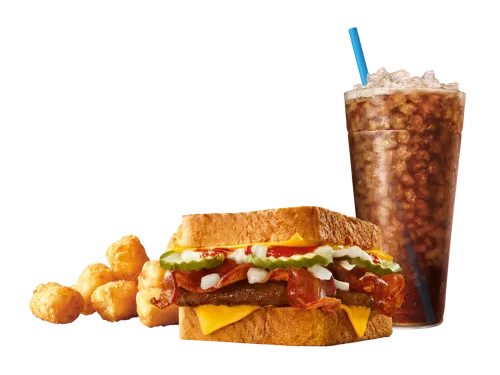 Sonic Menu Prices, Calories & Updated Deals 2026 8 Cheesy Bacon SONIC® Stack Combo with stacked beef patties, crispy bacon, melted cheese, and tangy sauce on a toasted bun, served with golden fries and a refreshing drink.