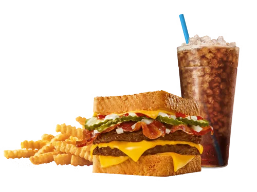 Sonic Menu Prices, Calories & Updated Deals 2026 9 Cheesy Bacon SuperSONIC® Stack Combo featuring double beef patties layered with crispy bacon, melted cheese, and creamy sauce on a toasted bun, served with fries and a soft drink.