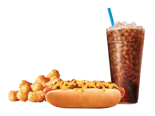 Sonic Menu Prices, Calories & Updated Deals 2026 15 Chili Cheese Coney Combo featuring an all-beef hot dog topped with warm chili and melted cheese in a soft bun, served with crispy fries and a refreshing drink.