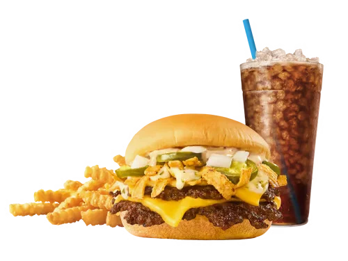 Sonic Menu Prices, Calories & Updated Deals 2026 5 Double SONIC Queso Smasher Combo with two juicy beef patties layered with creamy queso, melted cheese, and savory toppings, served with crispy fries and a cold soft drink