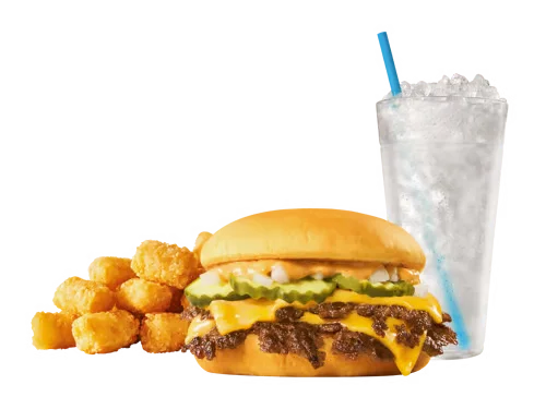 Sonic Menu Prices, Calories & Updated Deals 2026 7 Double SONIC® Smasher Combo featuring two juicy beef patties with melted cheese, lettuce, tomato, and pickles on a toasted bun, served with crispy fries and a soft drink