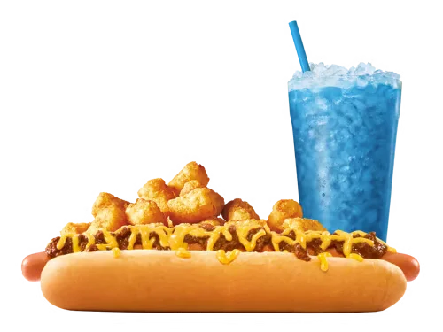 Sonic Menu Prices, Calories & Updated Deals 2026 17 Footlong Quarter Pound Coney Combo featuring a footlong all-beef hot dog topped with chili and melted cheese in a soft bun, served with crispy fries and a refreshing drink