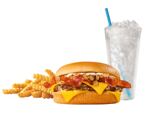 Sonic Menu Prices, Calories & Updated Deals 2026 10 Garlic Butter Bacon Cheeseburger Combo with a seasoned beef patty topped with crispy bacon, melty cheese, and rich garlic butter on a toasted bun, served with fries and a drink