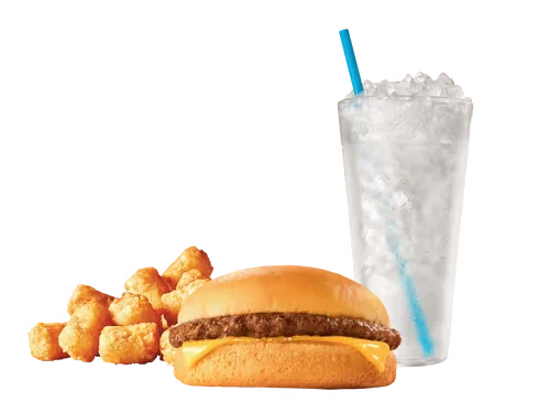 Sonic Menu Prices, Calories & Updated Deals 2026 11 Plain SONIC® Cheeseburger Combo featuring a classic beef patty with melted cheese on a fresh toasted bun, served with crispy fries and a soft drink.