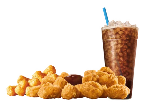 Sonic Menu Prices, Calories & Updated Deals 2026 18 Premium Chicken Bites Combo with crispy, golden chicken bites served with a side of dipping sauce, crispy fries, and a soft drink.