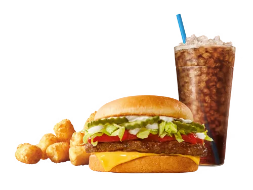 Sonic Menu Prices, Calories & Updated Deals 2026 12 SONIC® Cheeseburger Combo with a juicy beef patty, melted cheese, fresh lettuce, tomato, onions, pickles, and mayo on a toasted bun, served with fries and a soft drink.