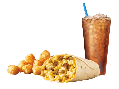 Sonic Menu Prices, Calories & Updated Deals 2026 25 Sausage Breakfast Burrito Combo featuring a warm flour tortilla stuffed with savory sausage, scrambled eggs, melted cheese, and seasoned potatoes, served with hash browns and a soft drink.