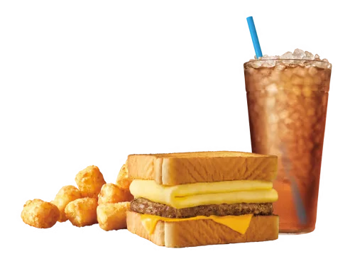 Sonic Menu Prices, Calories & Updated Deals 2026 27 Sausage Breakfast TOASTER® Combo with savory sausage, fluffy eggs, and melted cheese layered between thick slices of Texas toast, served with hash browns and a soft drink.