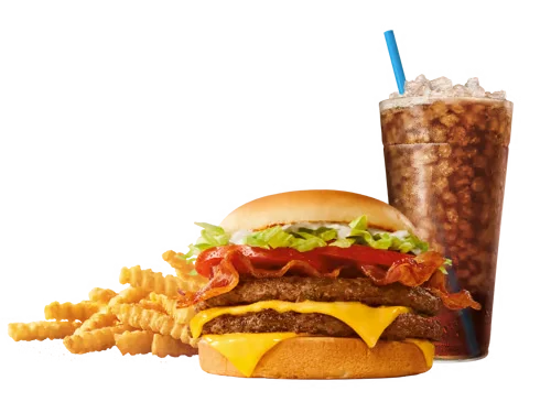 Sonic Menu Prices, Calories & Updated Deals 2026 14 SuperSONIC® Bacon Double Cheeseburger Combo with two juicy beef patties, crispy bacon, melted cheese, fresh lettuce, tomato, pickles, onions, and mayo on a toasted bun, served with golden fries and a soft drink.