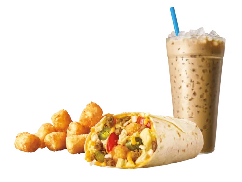 Sonic Menu Prices, Calories & Updated Deals 2026 23 SuperSONIC® Breakfast Burrito Combo featuring a warm flour tortilla filled with scrambled eggs, sausage, melted cheese, and seasoned potatoes, served with a side of hash browns and a soft drink.