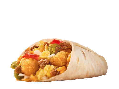 Sonic Menu Prices, Calories & Updated Deals 2026 42 SuperSONIC® Breakfast Burrito loaded with fluffy scrambled eggs, crispy bacon, savory sausage, golden tots, melty cheese, and diced onions wrapped in a warm flour tortilla