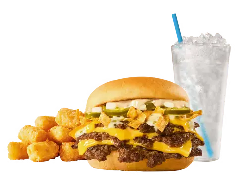 Sonic Menu Prices, Calories & Updated Deals 2026 4 Triple SONIC Queso Smasher Combo featuring three seasoned beef patties with creamy queso, melted cheese, and toppings, served with crispy fries and a refreshing soft drink