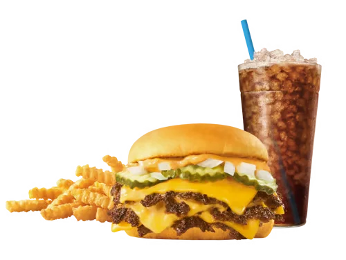 Sonic Menu Prices, Calories & Updated Deals 2026 6 Triple SONIC Smasher Combo featuring three thick beef patties stacked with melted cheese, fresh toppings, and signature sauce, served with crispy fries and a refreshing drink