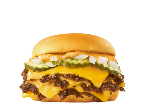 Sonic Menu Prices, Calories & Updated Deals 2026 50 riple SONIC® Smasher stacked with three juicy beef patties, melted cheese, fresh lettuce, tomato, pickles, and creamy mayo on a toasted bun