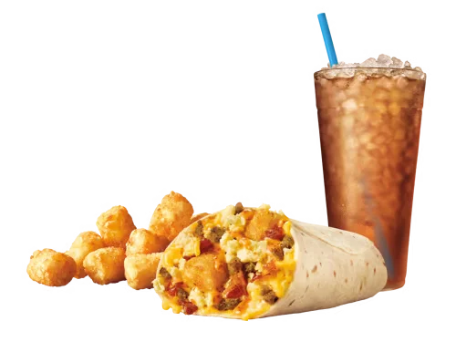 Sonic Menu Prices, Calories & Updated Deals 2026 22 Ultimate Meat & Cheese Breakfast Burrito™ Combo with a large flour tortilla filled with scrambled eggs, sausage, bacon, melted cheese, and seasoned potatoes, served with a side of hash browns and a drink.