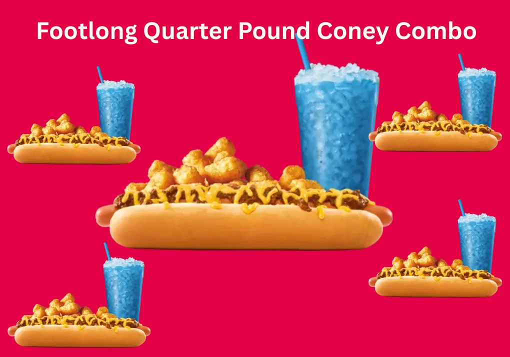 Delicious Footlong Quarter Pound Coney Combo – Juicy, Flavorful Hot Dog 1 Footlong Quarter Pound Coney Combo topped with warm chili and melted cheese, served with crispy Tots or golden fries and a refreshing Medium Drink.