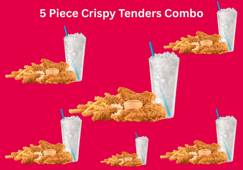 Sonic 5 Piece Crispy Tenders Combo – Price, Calories & Meal Details 1 A serving of Sonic’s 5 Piece Crispy Tenders Combo with golden chicken strips, fries, and a drink, highlighting a crunchy, flavorful meal option.