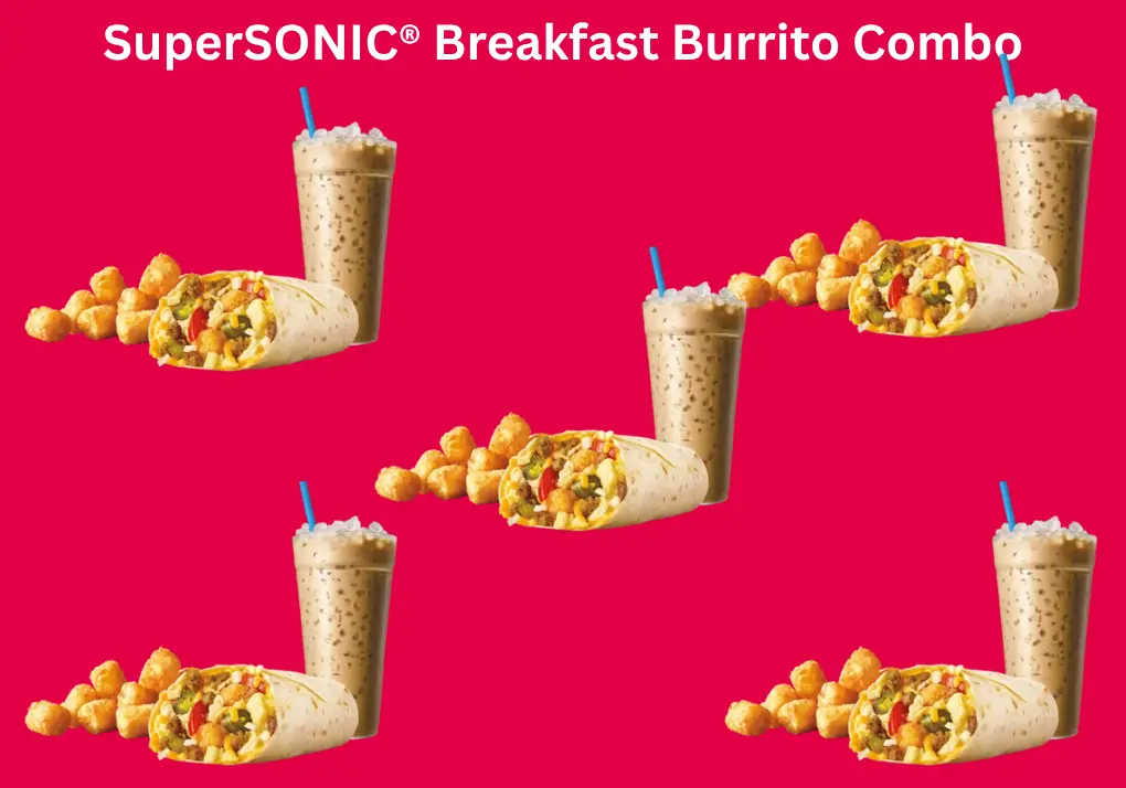 SuperSONIC® Breakfast Burrito Combo – A Bold, Satisfying Morning 1 “A warm flour tortilla filled with savory sausage, fluffy eggs, melty cheese, golden tater tots, diced onions, and jalapeños, served with crispy tater tots and a fountain drink.