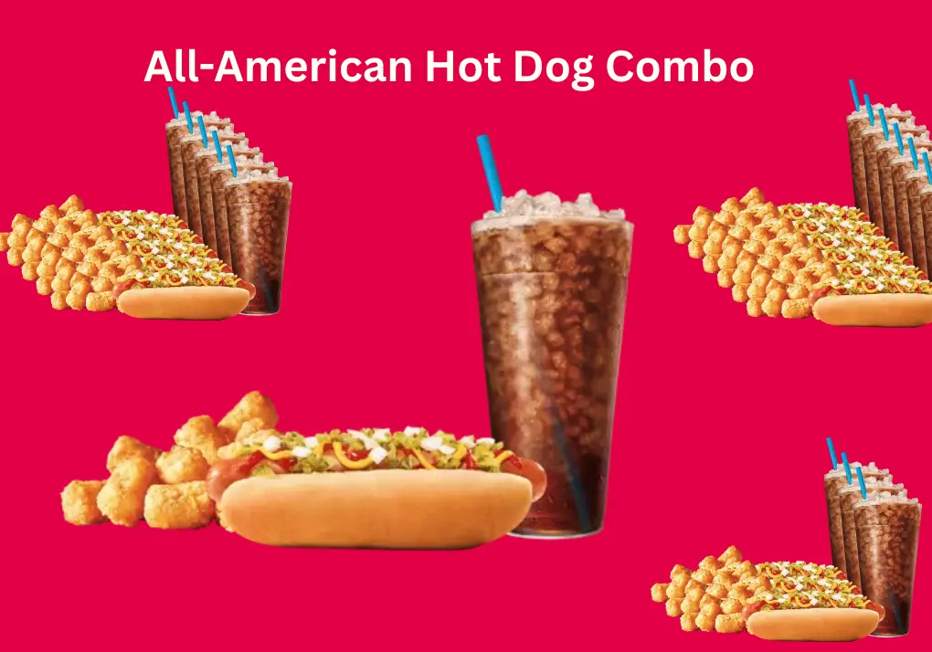 All-American Hot Dog Combo – Bold Flavor with Fresh Toppings 1 All-American Hot Dog Combo with beef hot dog, onions, ketchup, mustard, relish, crispy Tots or fries, and a Medium Drink.