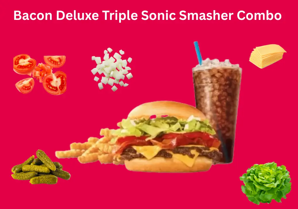 Bacon Deluxe Double Sonic Smasher Combo | Top Sonic Choice 1 Bacon Deluxe Double Sonic Smasher Combo with three juicy beef patties, crispy bacon, melted cheese, and fresh toppings served on a soft toasted bun.