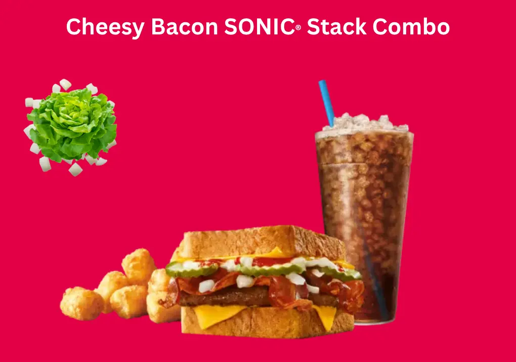 Cheesy Bacon SONIC® Stack Combo | Bold Burger Combo 2026 1 Cheesy Bacon SONIC® Stack Combo featuring juicy beef patties, melted cheese, and crispy bacon served fresh with fries and a cold drink.