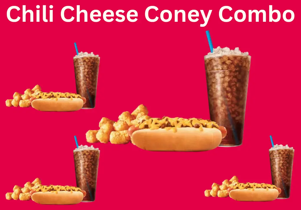 The Sonic Chili Cheese Coney Combo: Always Delicious 1 Sonic Chili Cheese Coney Combo with a hot dog topped with chili and melted cheese, served with golden tots and a refreshing drink.
