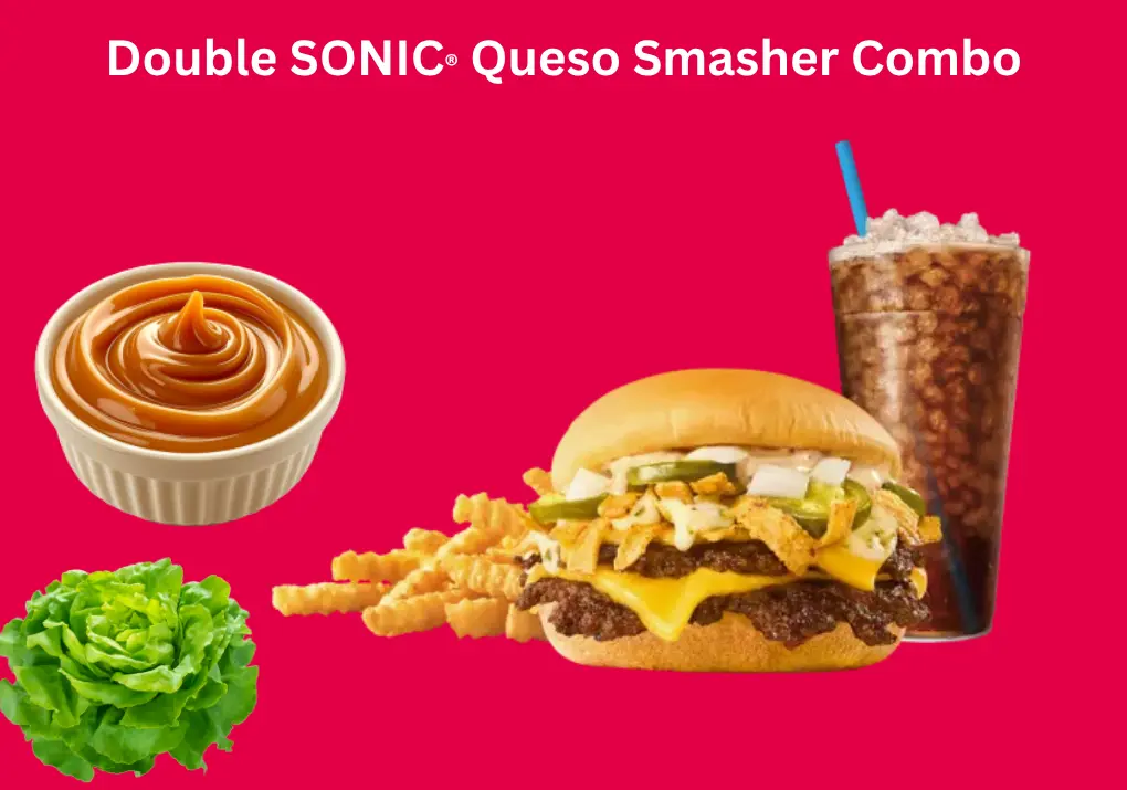 Double SONIC® Queso Smasher Combo Juicy Beef Cheesy 1 Double SONIC® Queso Smasher Combo — a hearty burger meal with double beef patties, melted queso, crispy Tots or Groovy Fries, and a refreshing Medium Drink.