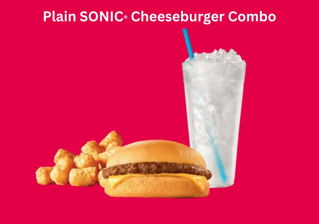 Plain SONIC® Cheeseburger Combo | Fresh Beef & Cheese 1 Plain SONIC® Cheeseburger Combo with melted cheese, beef patty, and crispy fries on the side