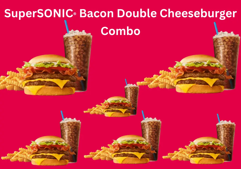 Delicious SuperSONIC® Bacon Double Cheeseburger Combo 1 SuperSONIC® Bacon Double Cheeseburger Combo featuring two juicy beef patties, crispy bacon, melted cheese, and fresh toppings served with fries and a drink.