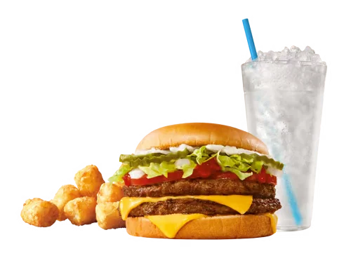 Sonic Menu Prices, Calories & Updated Deals 2026 13 The combo includes two beef patties, melted cheese, fresh lettuce, tomatoes, onions, pickles, a toasted bun, plus crispy fries and a medium drink.
