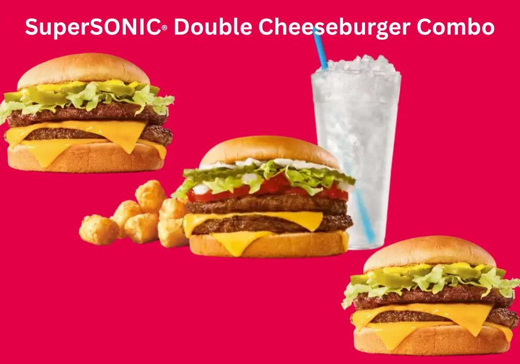 SuperSONIC® Double Cheeseburger Combo | Double Beef Delight 1 SuperSONIC® Double Cheeseburger Combo featuring two juicy beef patties layered with melted cheese, fresh veggies, and soft buns—served with crispy fries and a refreshing drink.