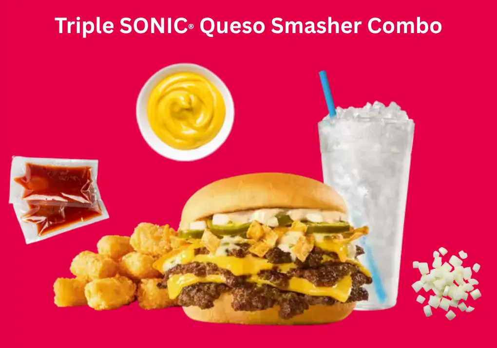Triple SONIC® Queso Smasher Combo – Flavor, Price & Delight 1 Triple SONIC® Queso Smasher Combo featuring triple beef patties, creamy queso, melted cheese, and fresh toppings for a bold, flavorful bite.