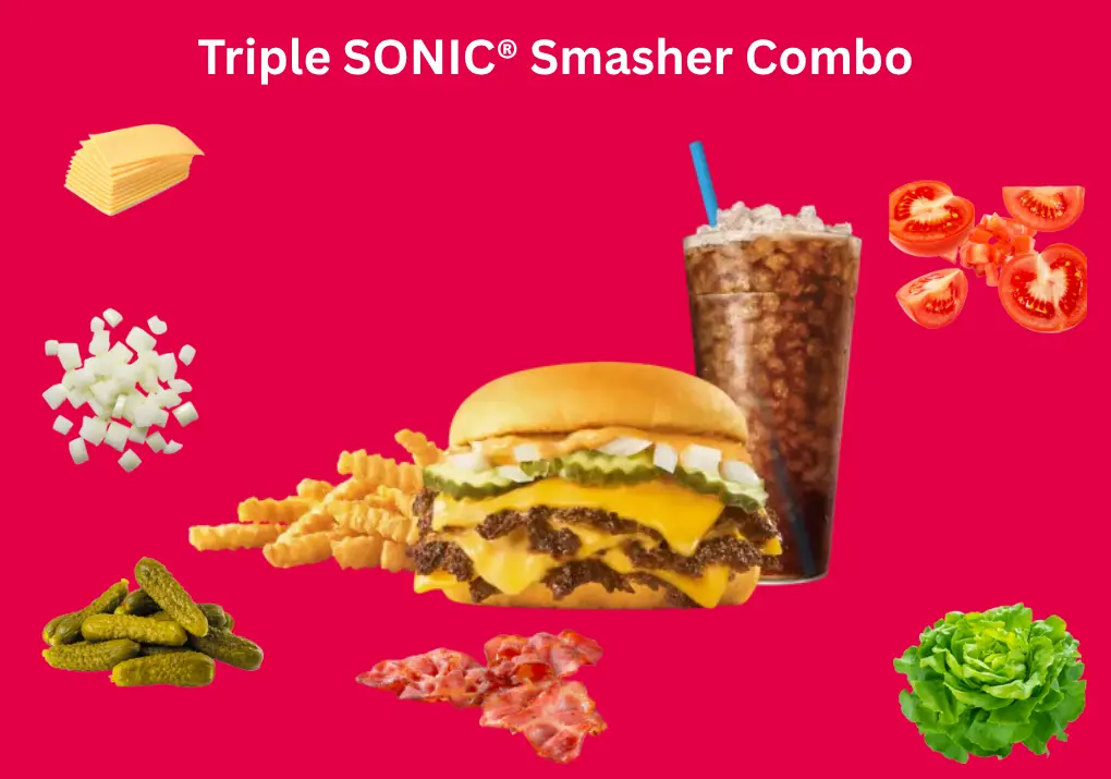 Triple SONIC® Smasher Combo – Juicy Patties & Cheese 2026 1 Triple SONIC® Smasher Combo – three grilled Angus patties with cheese, pickles and onions, served with tots or fries and a medium drink.