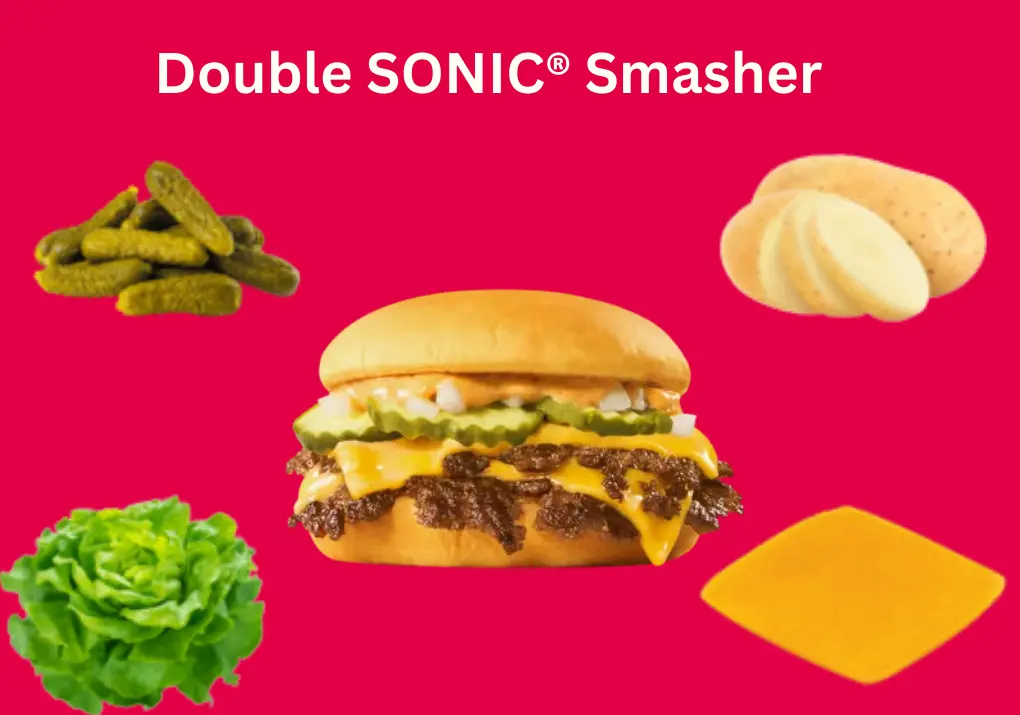 Double SONIC® Smasher: A Hearty and Delicious Burger Experience 1 A Double SONIC® Smasher burger featuring two beef patties, melted cheese, fresh lettuce, tomato slices, pickles, and special sauce, served in a toasted bun. The burger is accompanied by golden fries on the side.