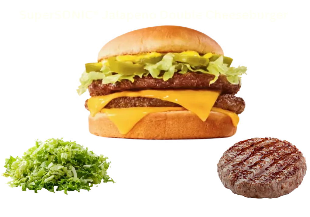 SuperSONIC® Jalapeño Double Cheeseburger| Juicy & Tasty 1 A SuperSONIC® Jalapeño Double Cheeseburger with melted cheese, fresh jalapeños, crisp lettuce, and Sonic mustard on a toasted burger bun. Perfectly stacked and ready to eat