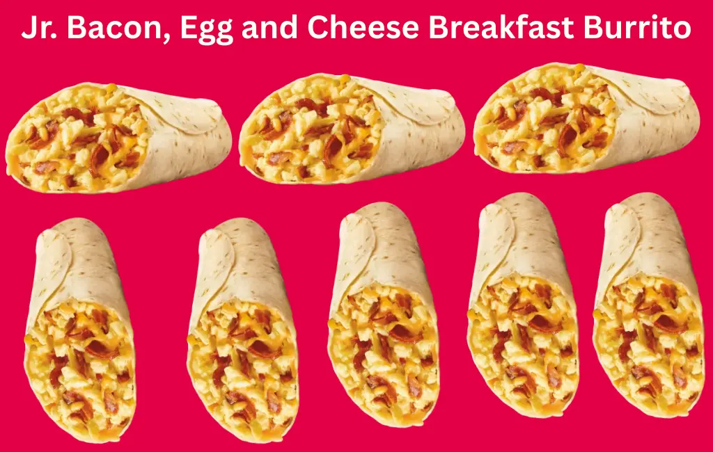 Sonic's Jr. Bacon, Egg, and Cheese Breakfast Burrito – A Delicious Morning Treat 1 Jr. Bacon, Egg, and Cheese Breakfast Burrito with melted cheese and crispy bacon wrapped in a warm tortilla.