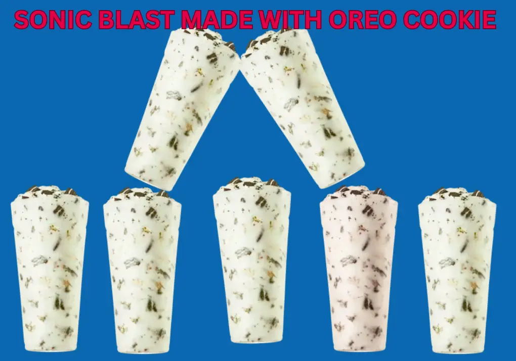 Sonic Blast with OREO Cookie Pieces – Creamy Vanilla & Crunchy OREO 1 The Sonic Blast made with OREO Cookie Pieces is a creamy vanilla ice cream treat blended with crunchy OREO cookie pieces.
