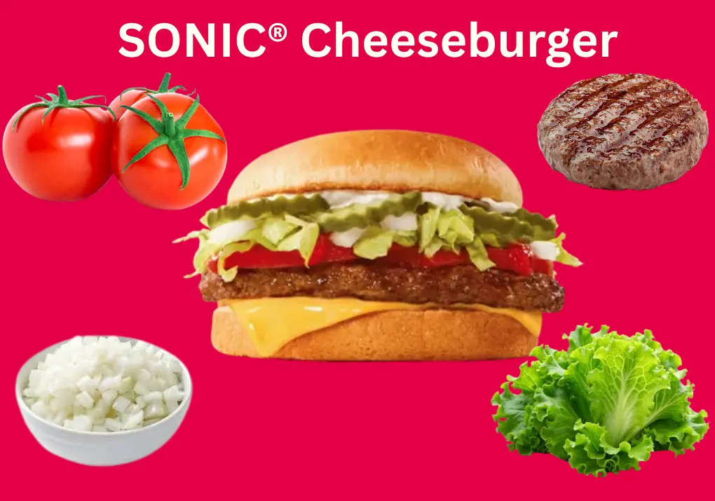 SONIC® Cheeseburger: Classic Taste, Fresh and Delicious 1 SONIC® Cheeseburger with a juicy patty, melted cheese, fresh veggies, and a soft toasted bun, served hot at Sonic Drive-In.