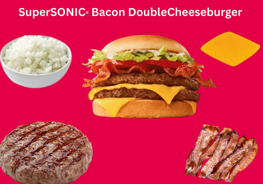 SuperSONIC® Bacon Double Cheeseburger – Best Flavor 2026 1 A close-up of the SuperSONIC® Bacon Double Cheeseburger showing two juicy beef patties, melted cheese, crispy bacon, fresh tomato, and creamy mayo on a toasted bun.