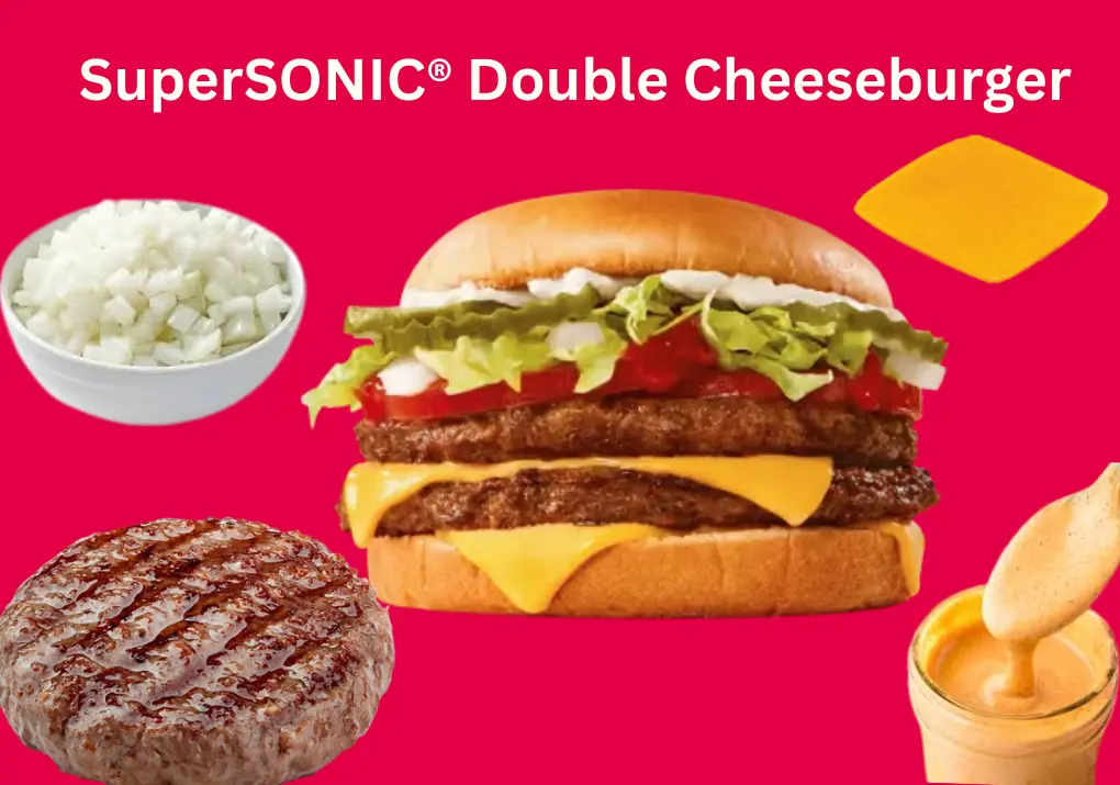 SuperSONIC® Double Cheeseburger Nutrition Facts 2026 1 Juicy SuperSONIC® Double Cheeseburger with two beef patties, melted cheese, fresh lettuce, tomato, pickles, diced onions, and classic mayo and ketchup on a toasted bun.
