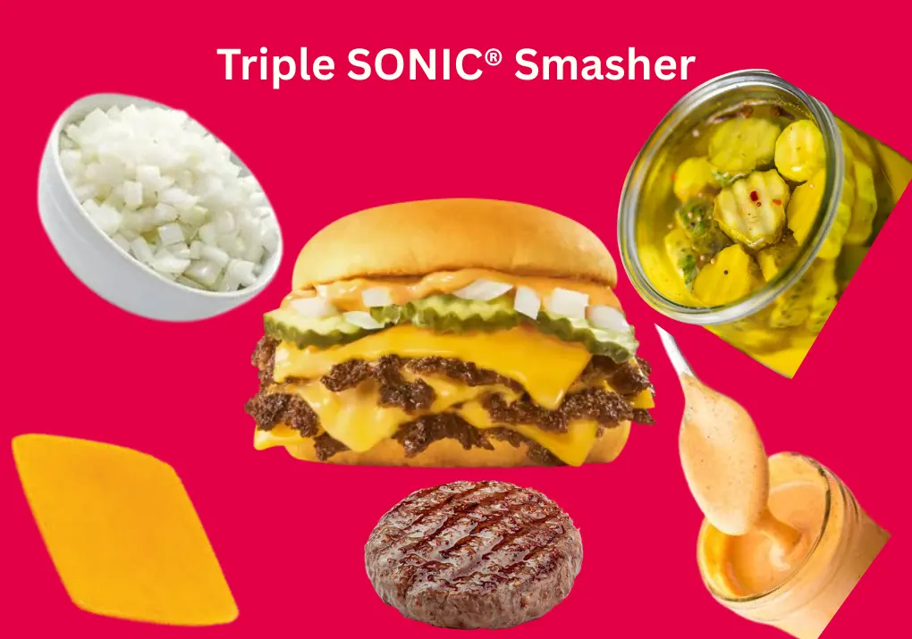 Triple SONIC® Smasher Burger – Sonic Menu Ingredients 2026 1 Triple SONIC® Smasher burger with Smasher Patties, Cheese Slice, Pickles, Potato Bun, and Smasher Sauce from the Sonic menu.
