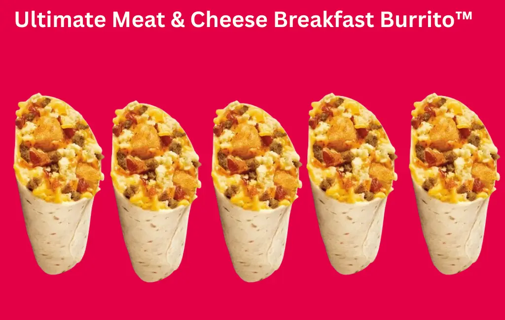 ltimate Meat & Cheese Breakfast Burrito™ Best Breakfast item 1 Sonic’s Ultimate Meat & Cheese Breakfast Burrito with eggs, sausage, bacon, and melted cheese wrapped in a warm tortilla.